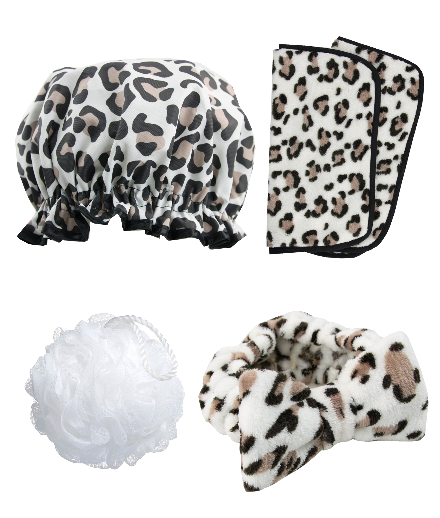 totally pampered gift set in leopard print shower cap make-up removing cloths make-up headband and body polisher